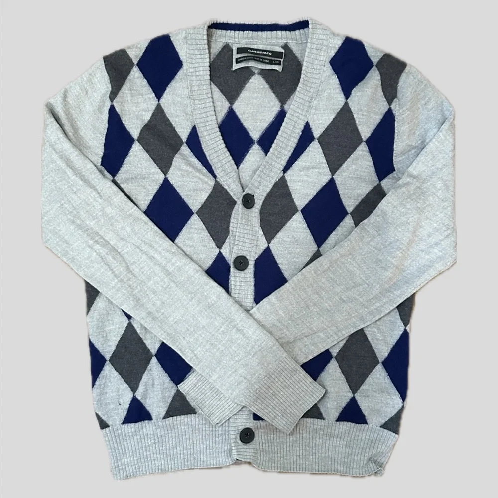 Club Monaco Argyle merino wool Cardigan - Gray and Navy - Picture 1 of 8